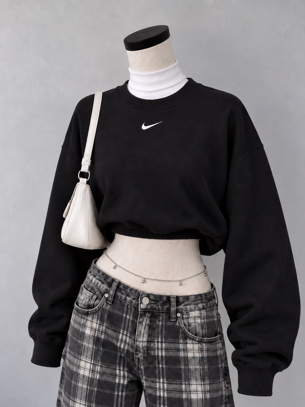 Nike Phoenix Fleece Oversized Center Mini Swoosh Crewneck Sweatshirt Black XS